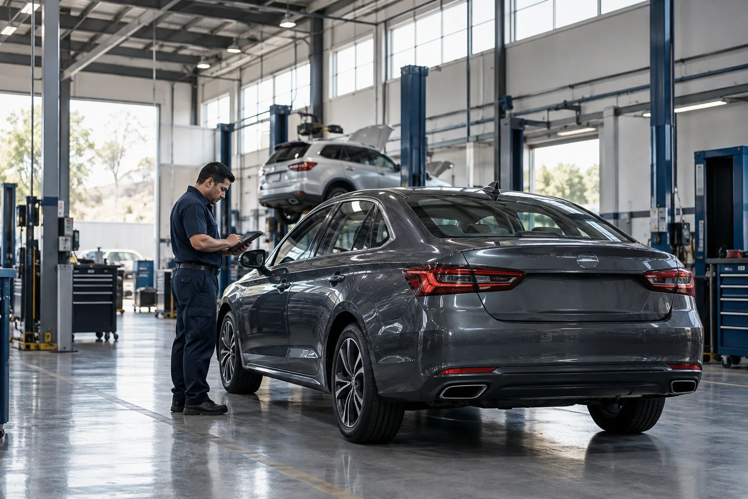 Técnico revisando una tablet junto a un vehículo en un taller automotriz organizado