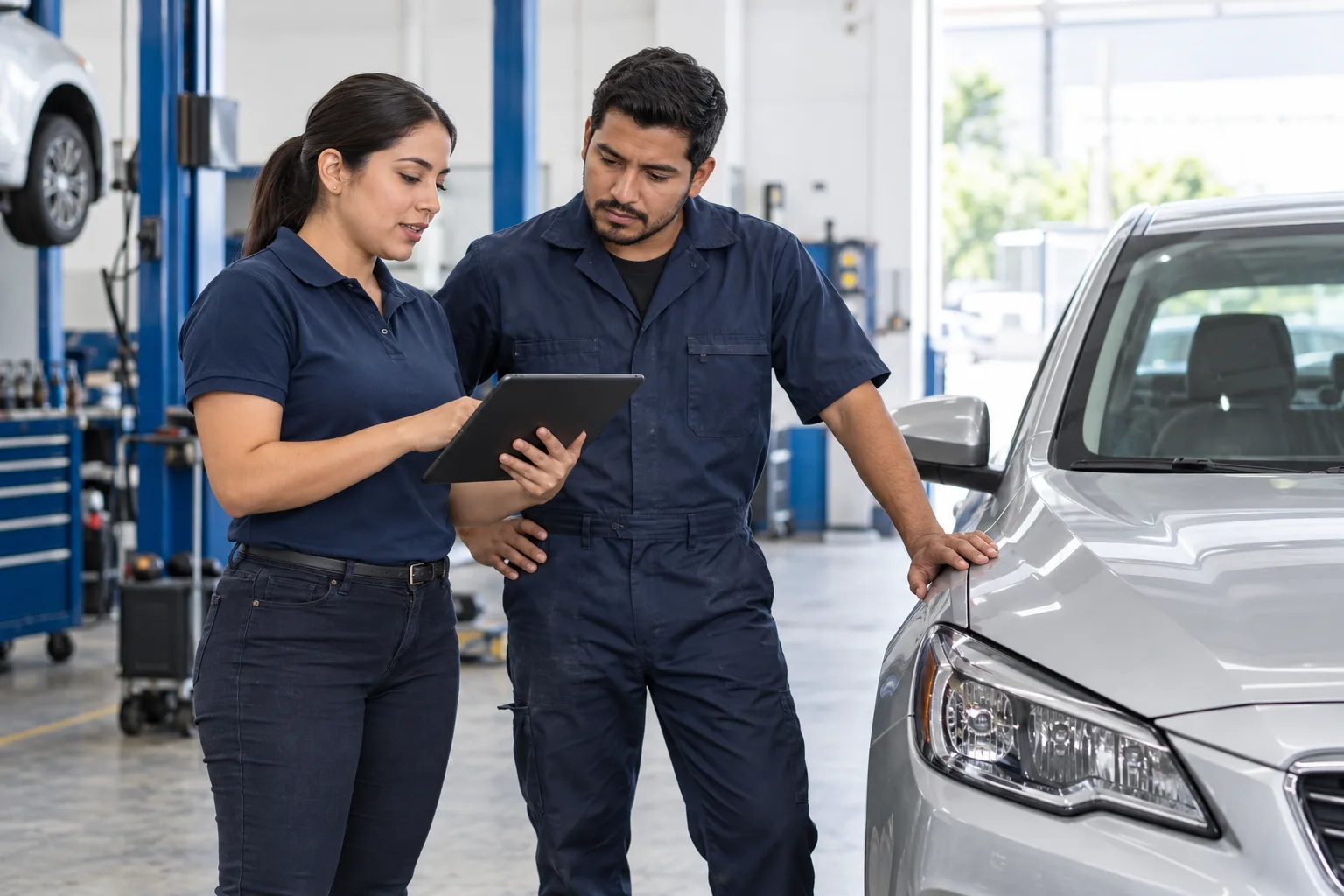 Profesionales de un taller coordinando el trabajo junto a un vehículo